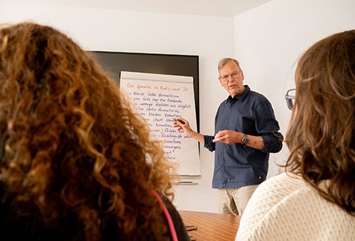 Mann steht vor Flipchart mit handschriftlichen Notizen, zwei Frauen sitzen am Tisch und hören zu.